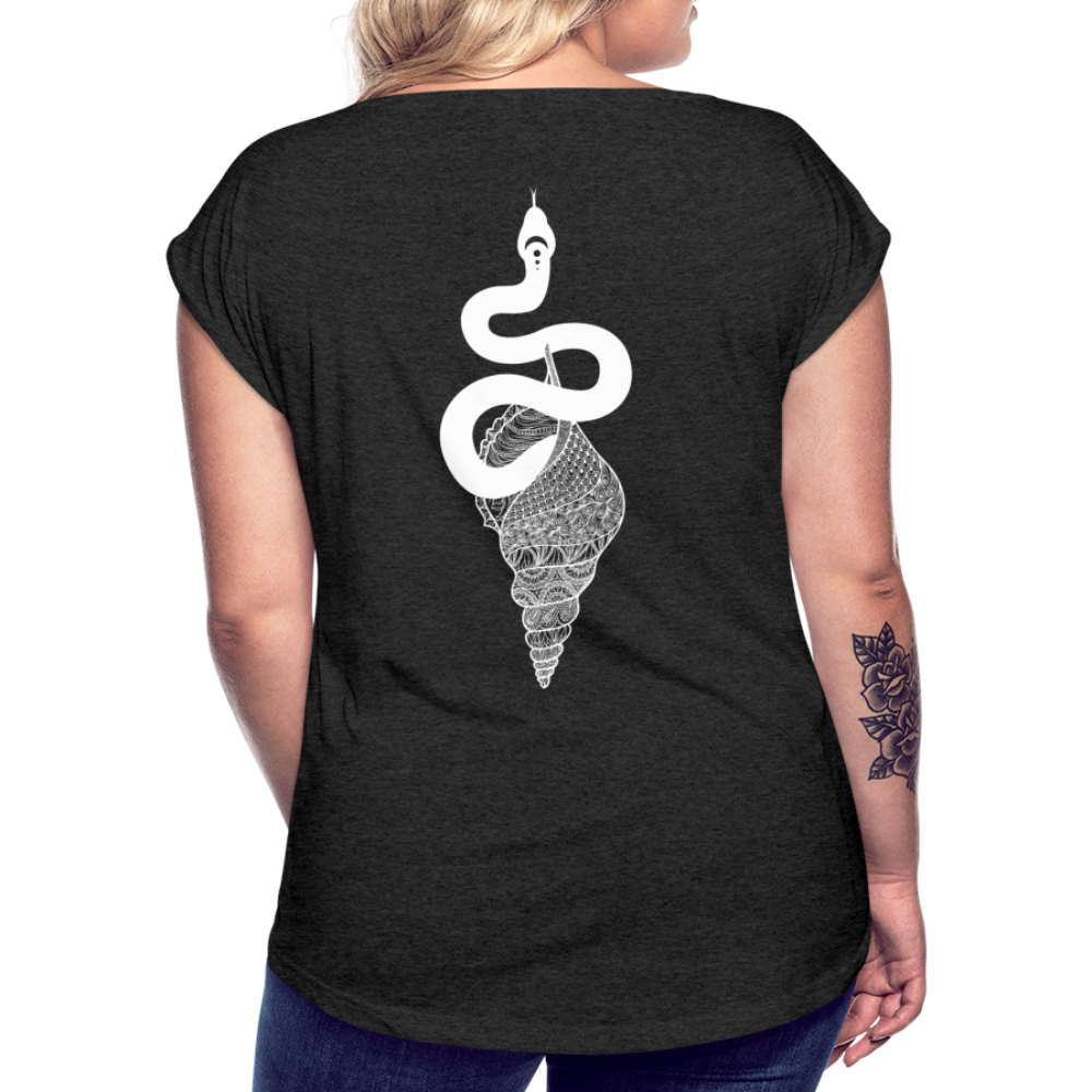 Kosmosschlange im Schneckenhaus - Frauen Shirt mit gerollten Ärmeln - Schwarz meliert