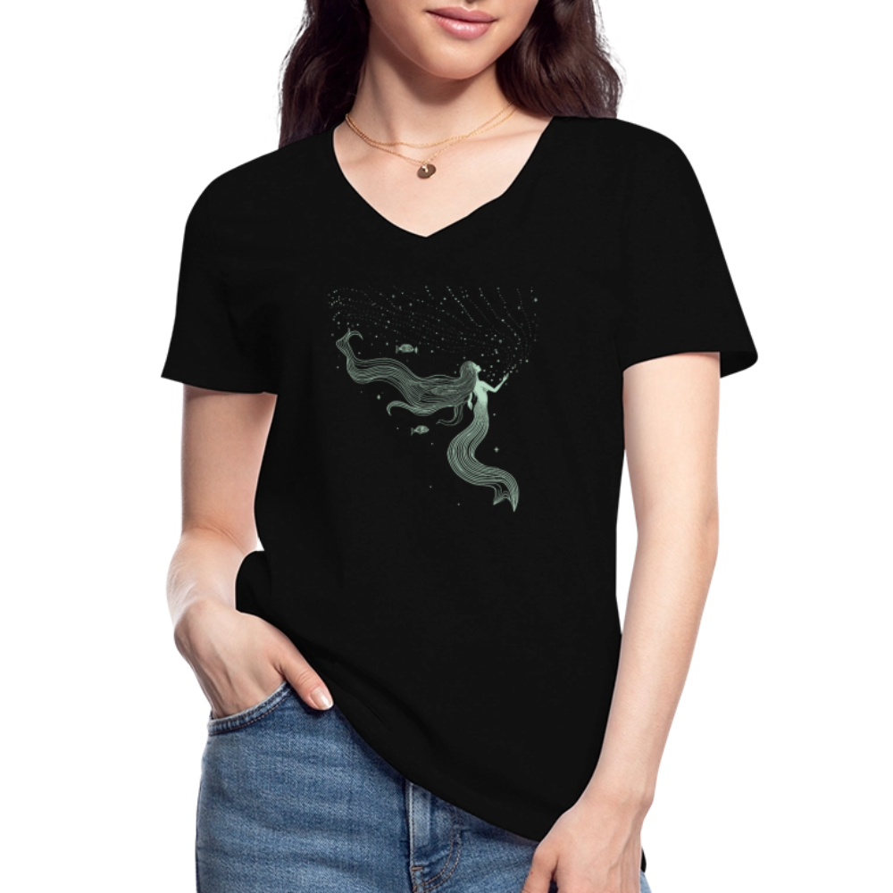Lineart Meerjungfrau Motiv (hellgrün) - Klassisches Frauen-T-Shirt mit V-Ausschnitt - Schwarz