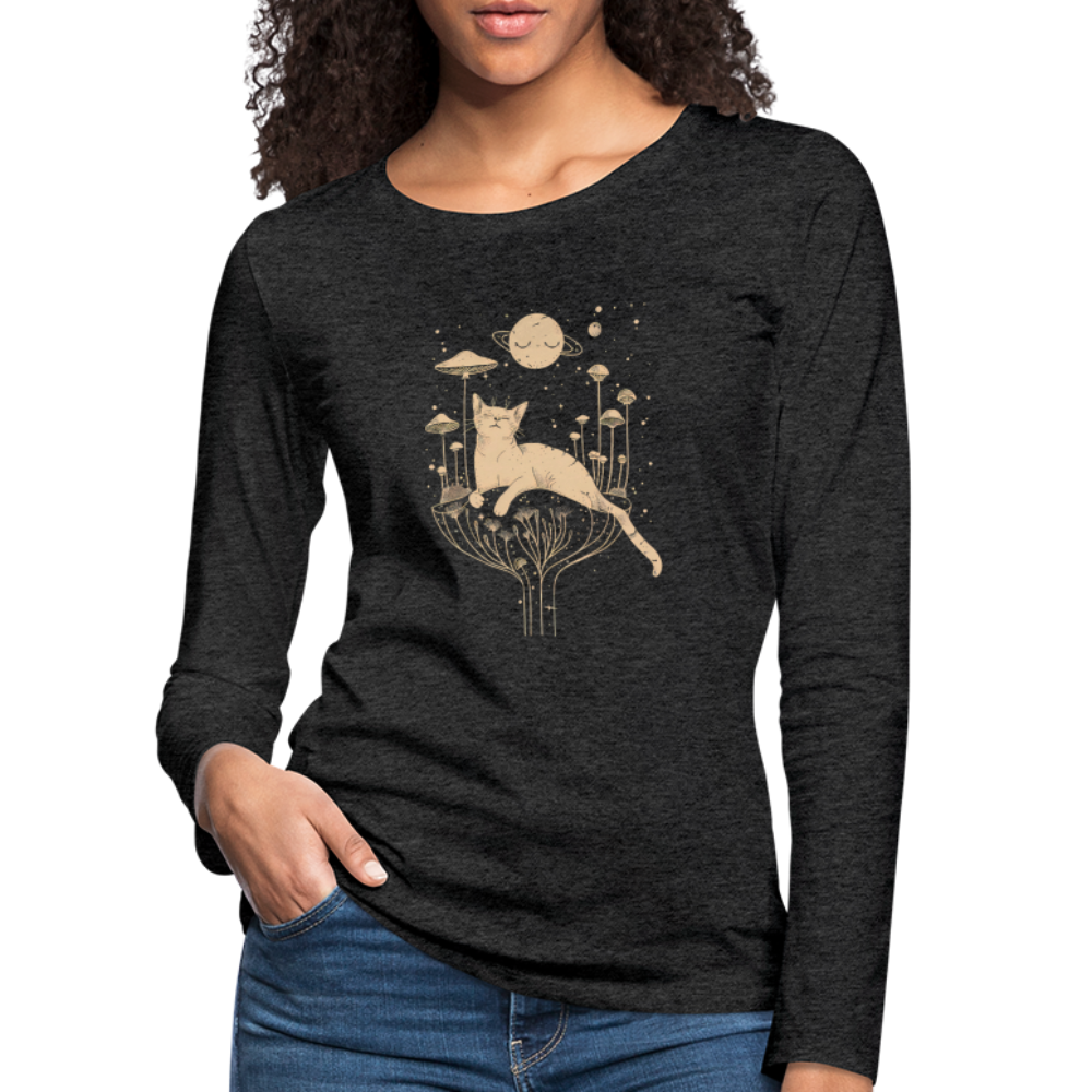 Surreales Katzen Motiv im Kosmos - Frauen Premium Langarmshirt - Anthrazit