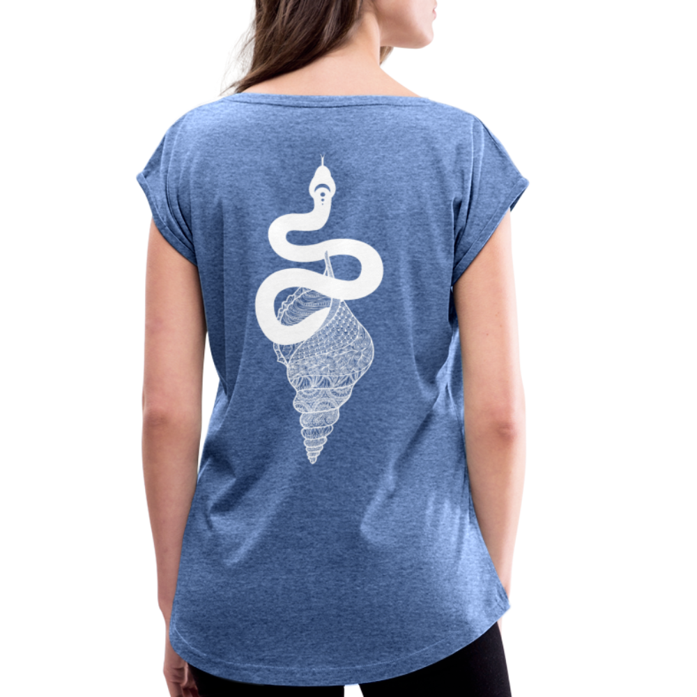 Kosmosschlange im Schneckenhaus - Frauen Shirt mit gerollten Ärmeln - Denim meliert