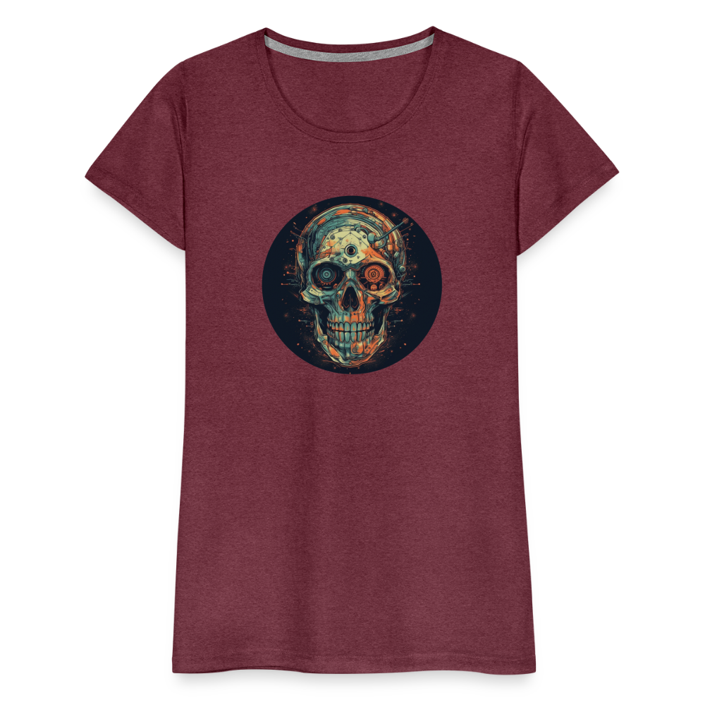 Retro Futuristischer Totenkopf Skull Cyborg- Frauen Premium T-Shirt - Bordeauxrot meliert