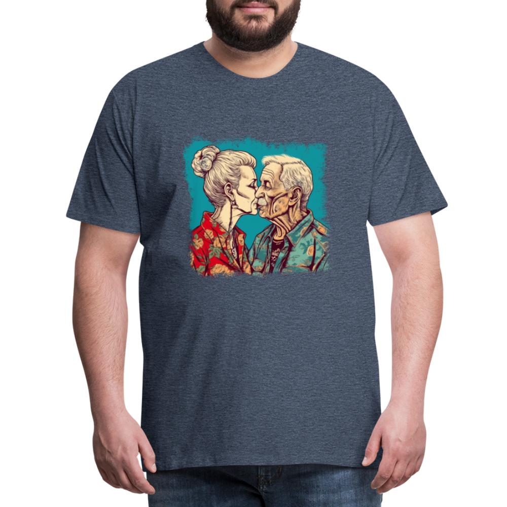 Küssendes Best Ager Pärchen mit Hawaiihemden - Männer T-Shirt - Blau meliert
