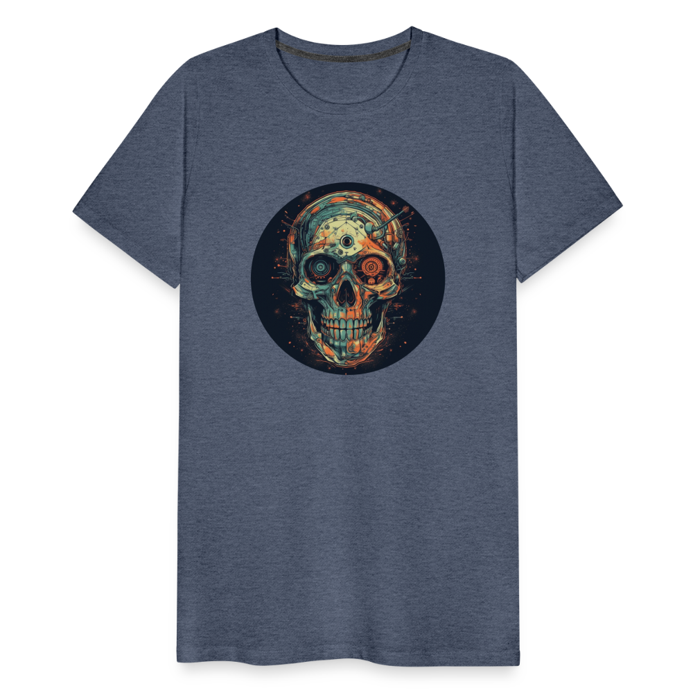 Retro Futuristischer Totenkopf Skull Cyborg- Männer Premium T-Shirt - Blau meliert