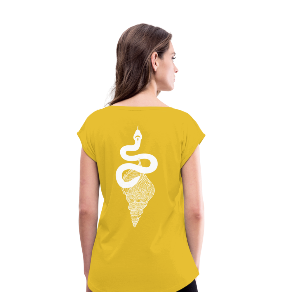 Kosmosschlange im Schneckenhaus - Frauen Shirt mit gerollten Ärmeln - Senfgelb