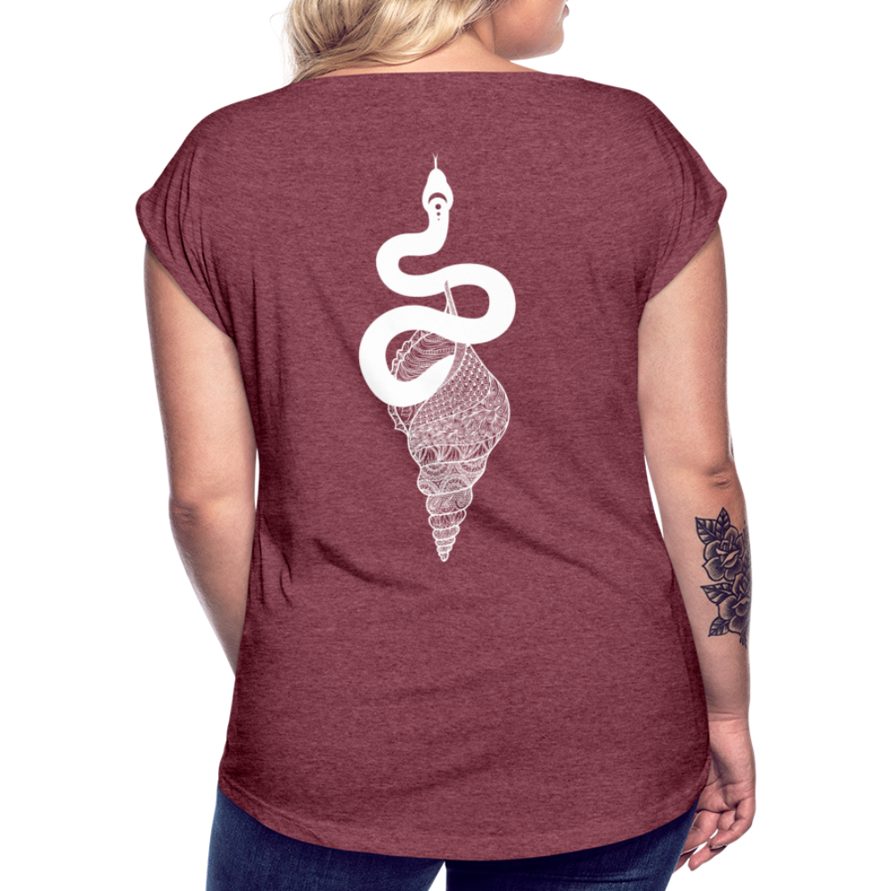Kosmosschlange im Schneckenhaus - Frauen Shirt mit gerollten Ärmeln - Bordeauxrot meliert