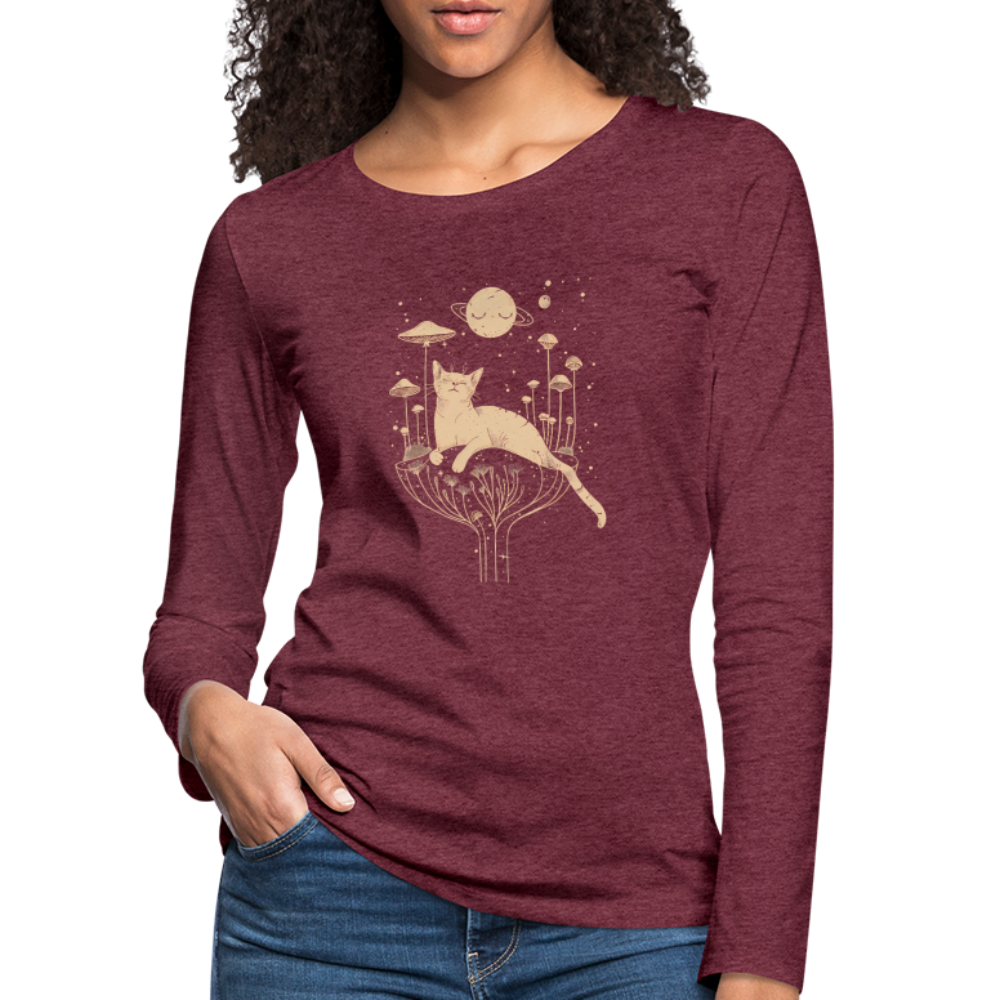Surreales Katzen Motiv im Kosmos - Frauen Premium Langarmshirt - Bordeauxrot meliert