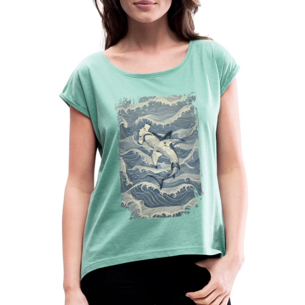 Vintage Hammerhai im japanischen inspirierten Tattoo Stil - Frauen T-Shirt mit gerollten Ärmeln - Minze meliert
