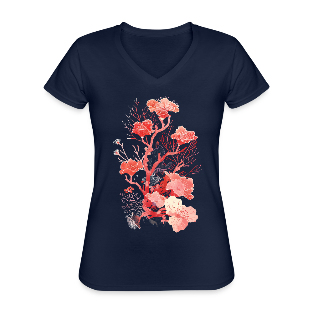 Zarte Korallen Blumen - Klassisches Frauen-T-Shirt mit V-Ausschnitt - Navy