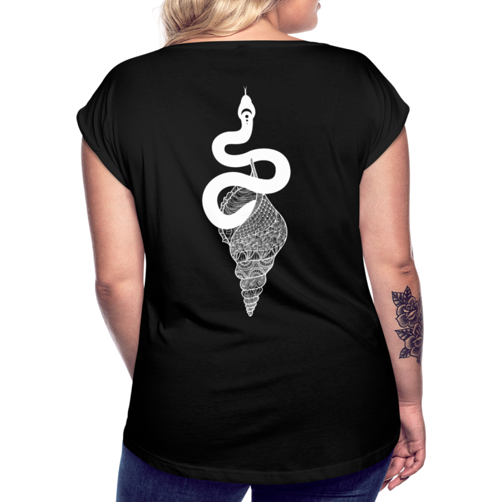 Kosmosschlange im Schneckenhaus - Frauen Shirt mit gerollten Ärmeln - Schwarz