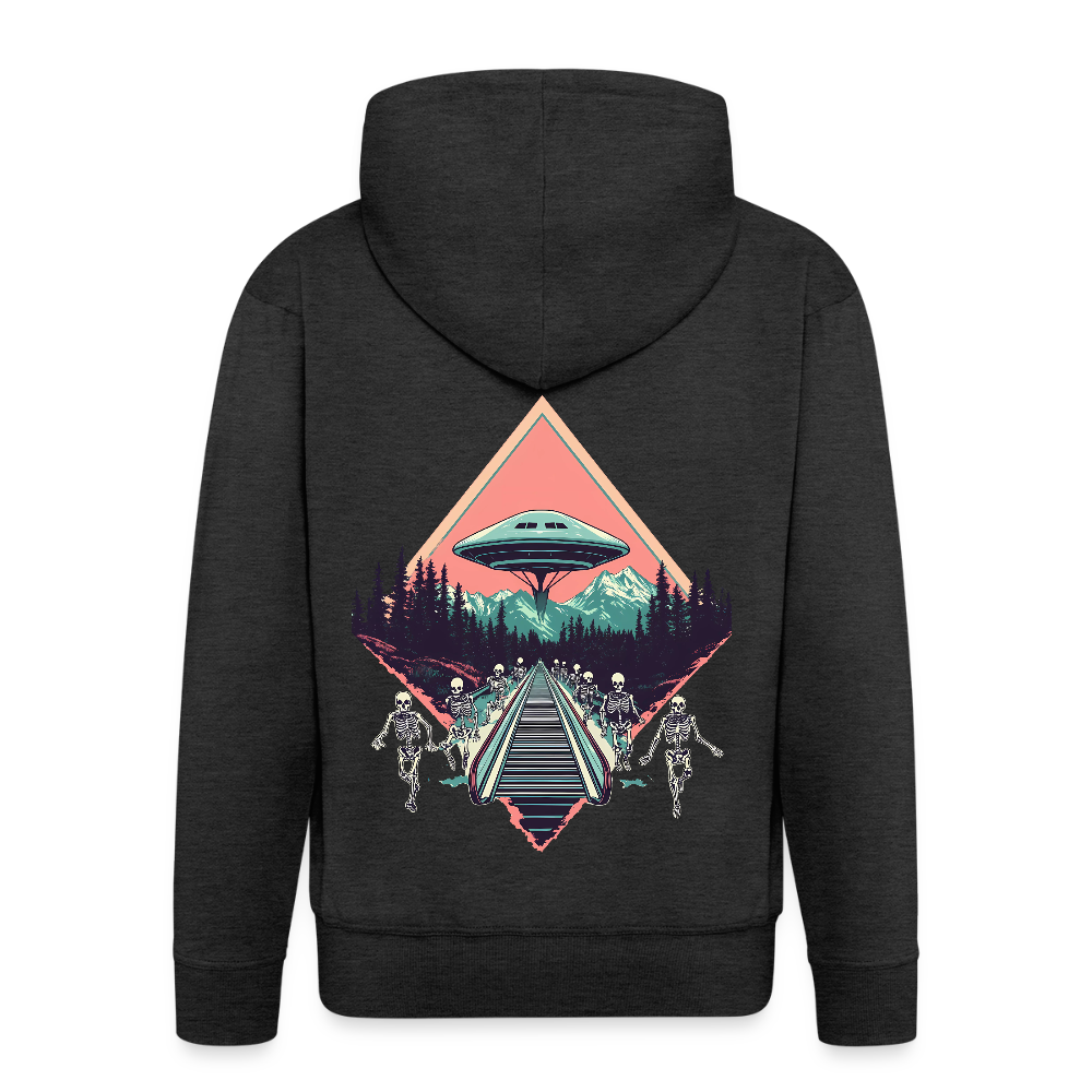 Retro UFO 80er Jahre Motiv - Surreale Skelette und Rolltreppe Richtung UFO - Männer Premium Kapuzenjacke - Anthrazit