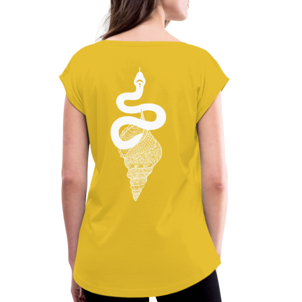 Kosmosschlange im Schneckenhaus - Frauen Shirt mit gerollten Ärmeln - Senfgelb