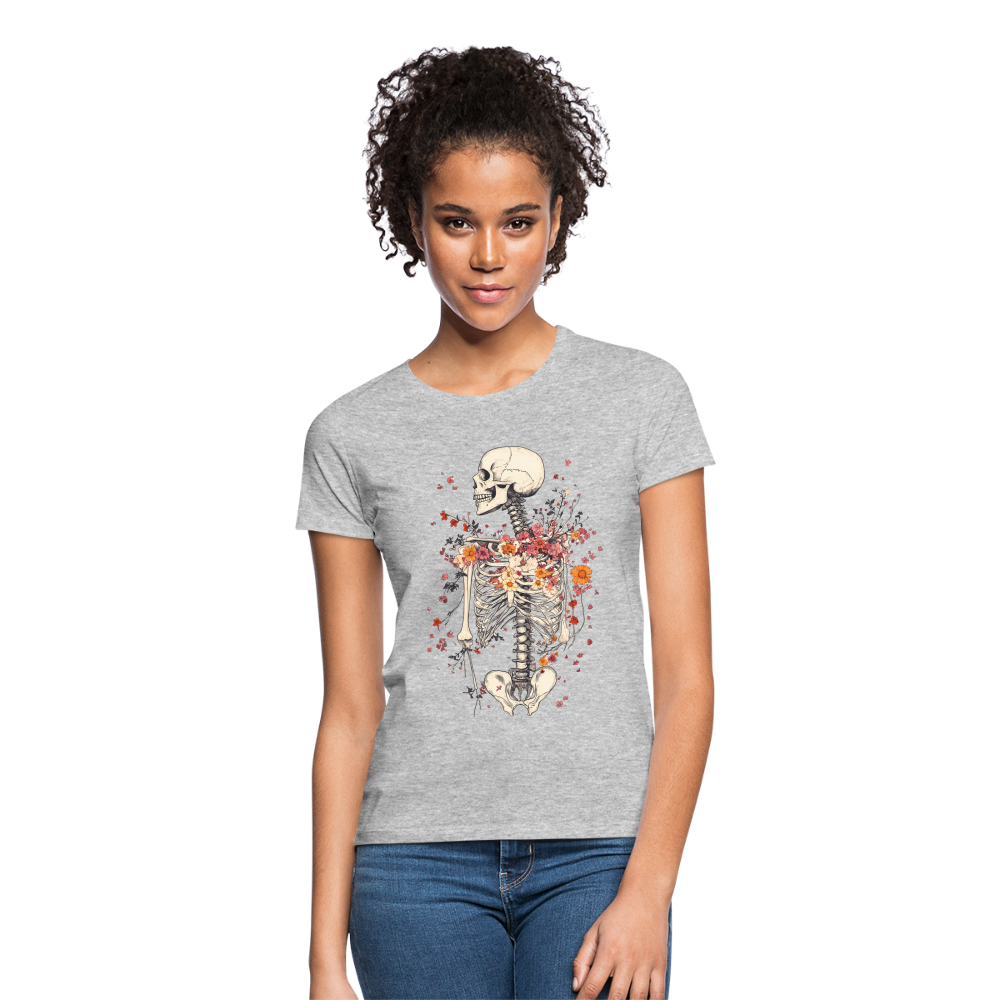 Skelett mit zarten Blumen im Boho Look - Frauen T-Shirt - Grau meliert