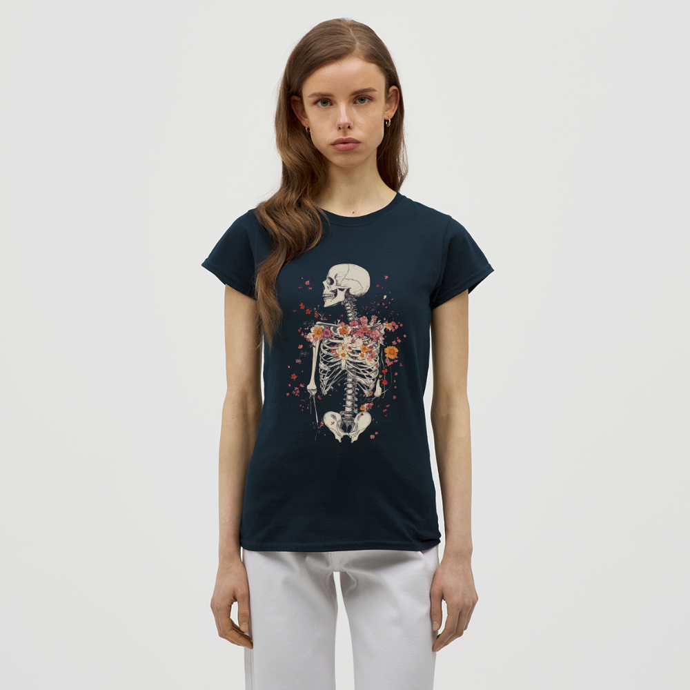 Skelett mit zarten Blumen im Boho Look - Frauen T-Shirt - Navy