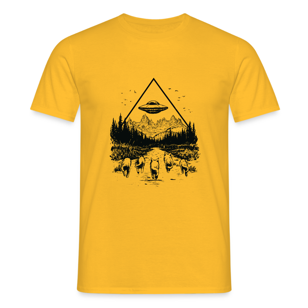 Katzen die in Richtung UFO laufen - Männer T-Shirt - Gelb