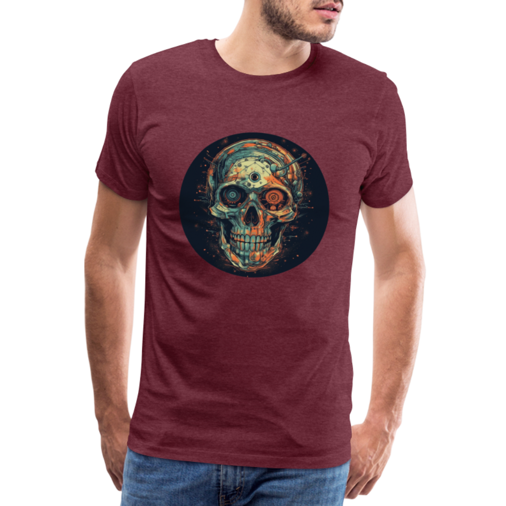 Retro Futuristischer Totenkopf Skull Cyborg- Männer Premium T-Shirt - Bordeauxrot meliert