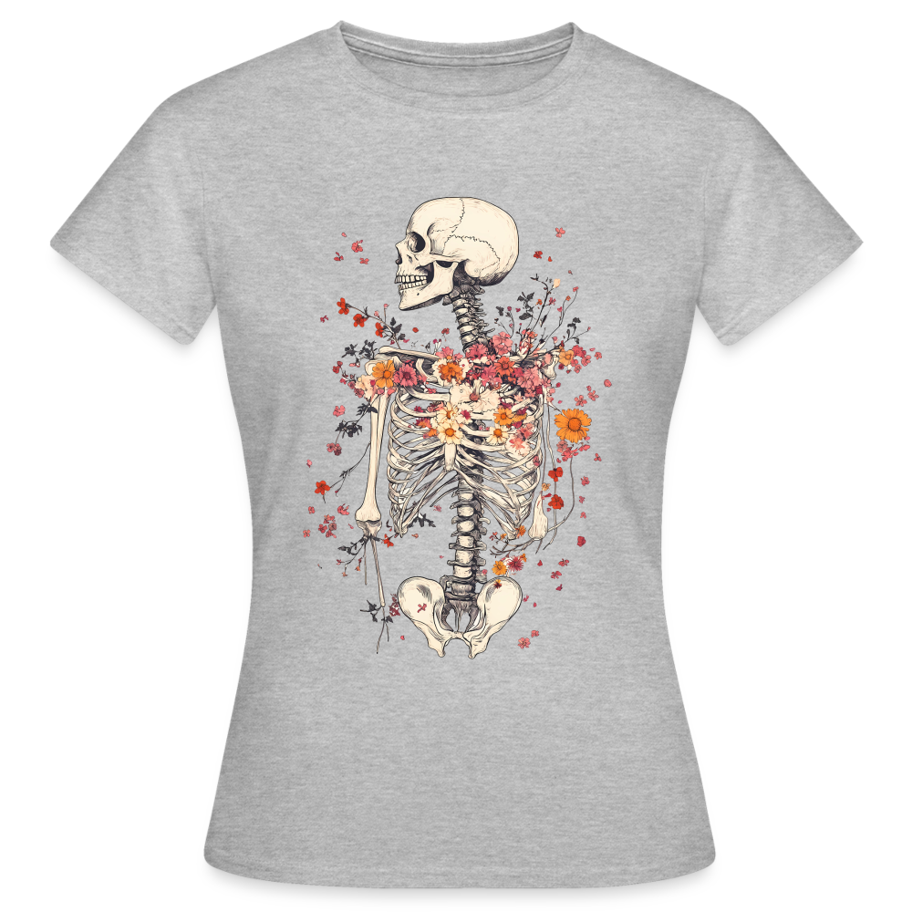 Skelett mit zarten Blumen im Boho Look - Frauen T-Shirt - Grau meliert