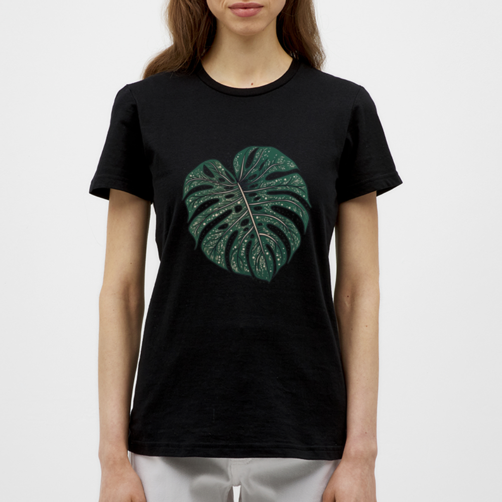 Gepunktetes Monstera Blatt, Pflanzen Motiv - Damen T-Shirt - Schwarz