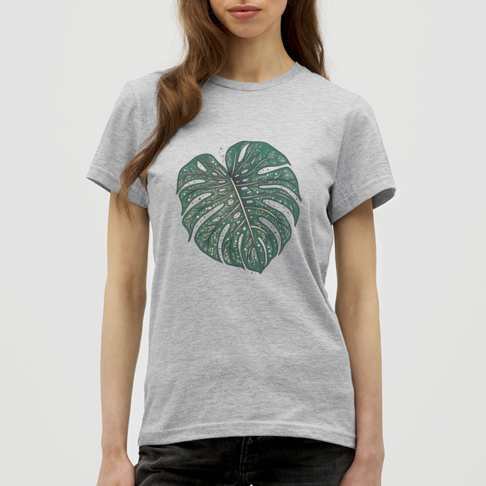 Gepunktetes Monstera Blatt, Pflanzen Motiv - Damen T-Shirt - Grau meliert