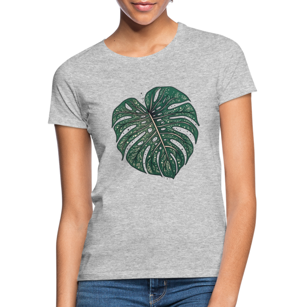 Gepunktetes Monstera Blatt, Pflanzen Motiv - Damen T-Shirt - Grau meliert