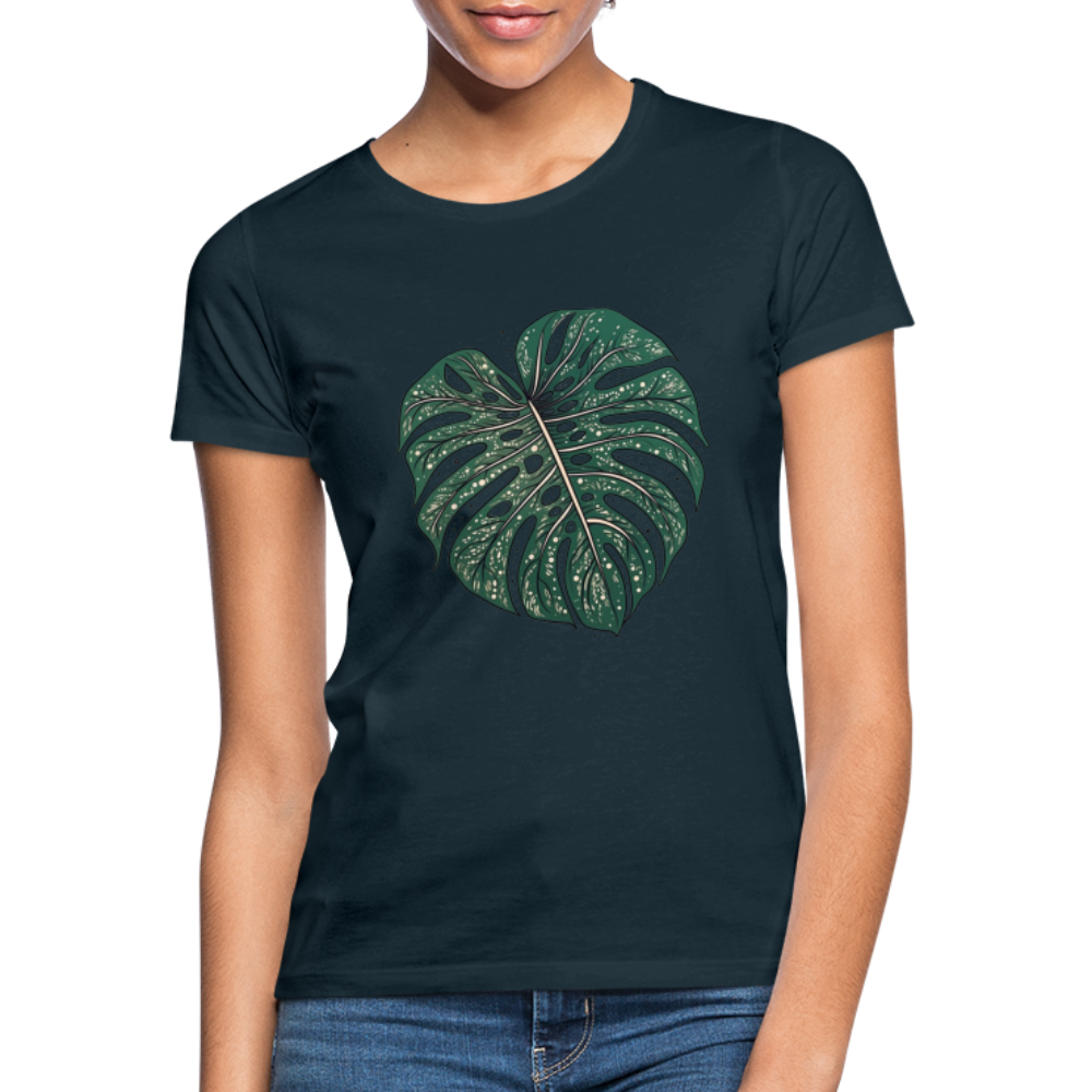 Gepunktetes Monstera Blatt, Pflanzen Motiv - Damen T-Shirt - Navy