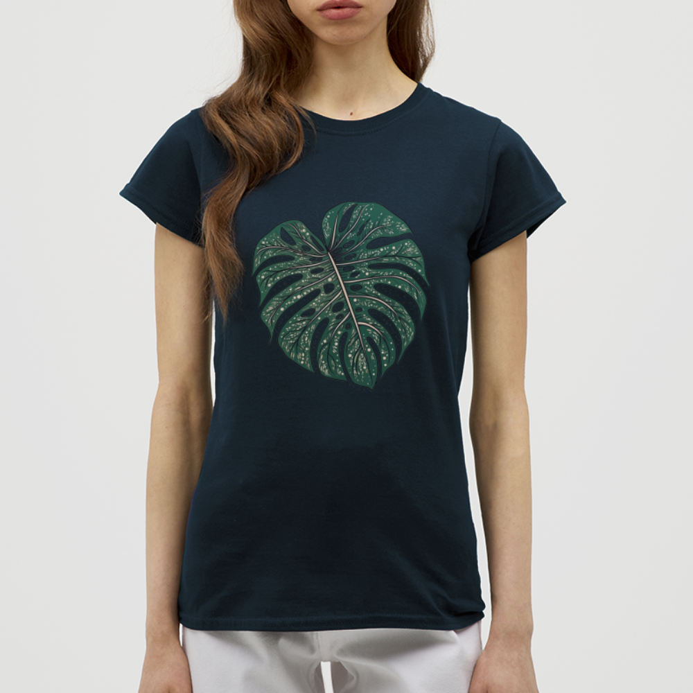 Gepunktetes Monstera Blatt, Pflanzen Motiv - Damen T-Shirt - Navy