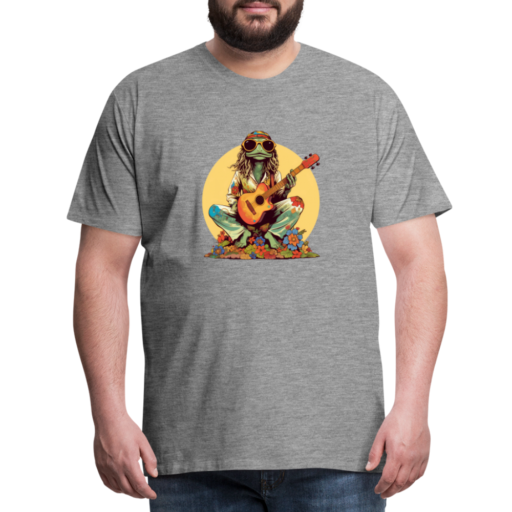 Cooler Hippie Frosch mit Gitarre und Blumen Retro - Männer Premium T-Shirt - Grau meliert