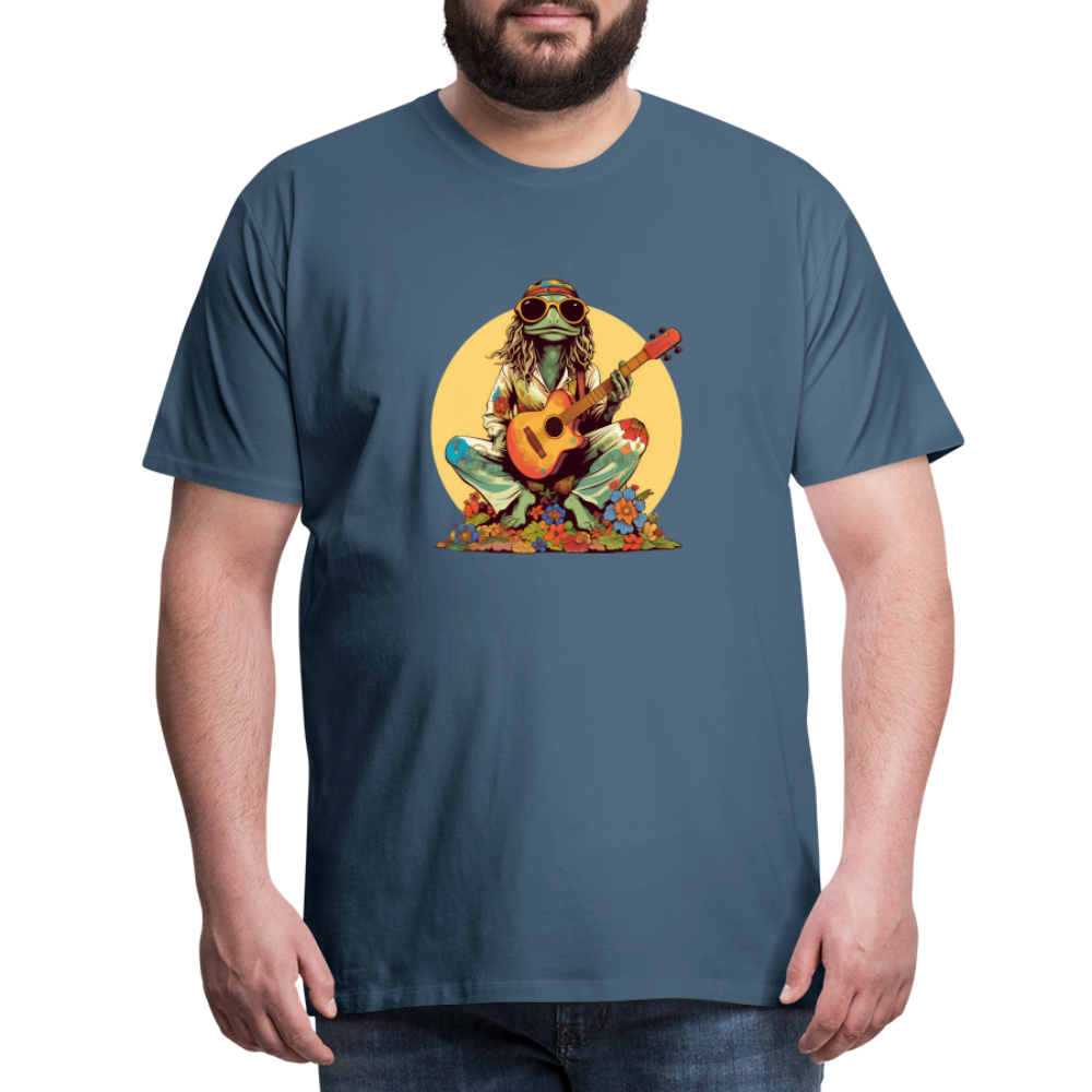 Cooler Hippie Frosch mit Gitarre und Blumen Retro - Männer Premium T-Shirt - Blaugrau