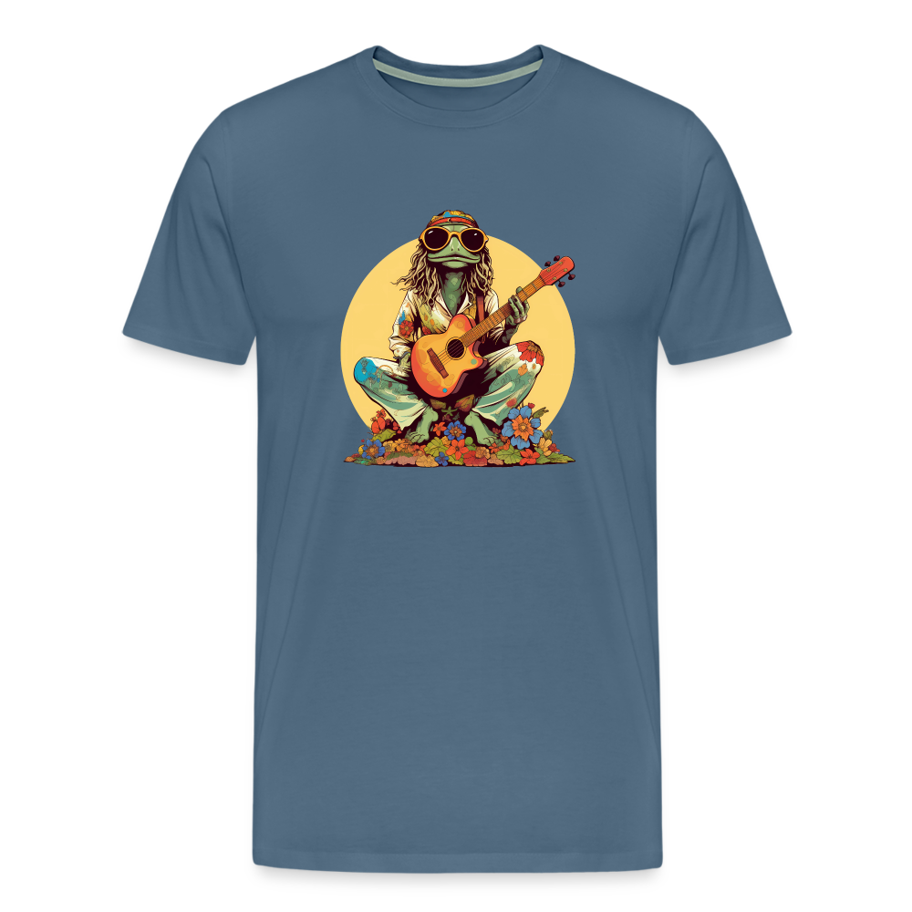 Cooler Hippie Frosch mit Gitarre und Blumen Retro - Männer Premium T-Shirt - Blaugrau