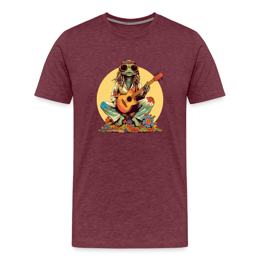 Cooler Hippie Frosch mit Gitarre und Blumen Retro - Männer Premium T-Shirt - Bordeauxrot meliert