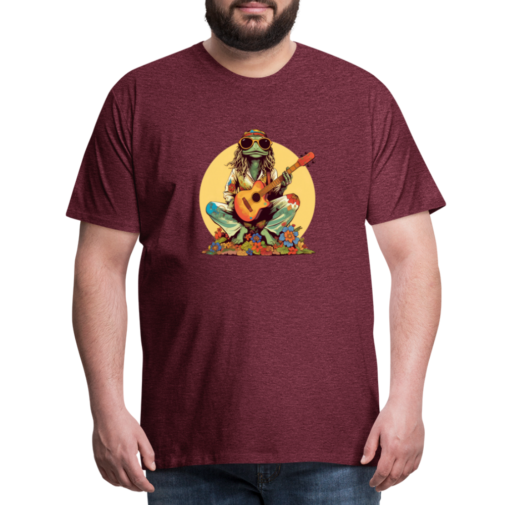 Cooler Hippie Frosch mit Gitarre und Blumen Retro - Männer Premium T-Shirt - Bordeauxrot meliert