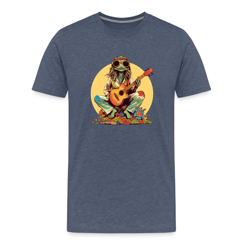 Cooler Hippie Frosch mit Gitarre und Blumen Retro - Männer Premium T-Shirt - Blau meliert