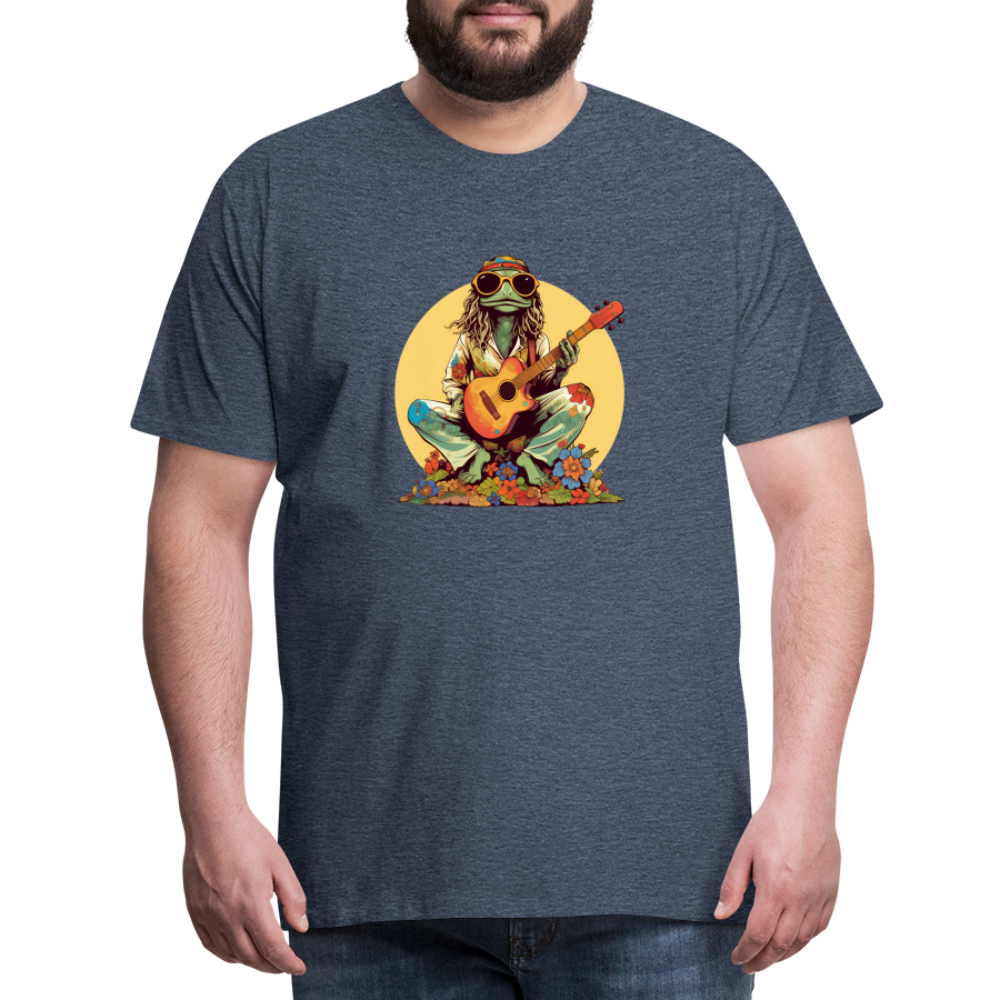 Cooler Hippie Frosch mit Gitarre und Blumen Retro - Männer Premium T-Shirt - Blau meliert