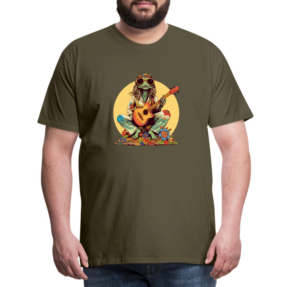 Cooler Hippie Frosch mit Gitarre und Blumen Retro - Männer Premium T-Shirt - Khaki