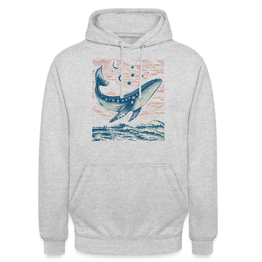 Kosmischer Wal – Retro Ocean Art - Unisex Hoodie - Hellgrau meliert