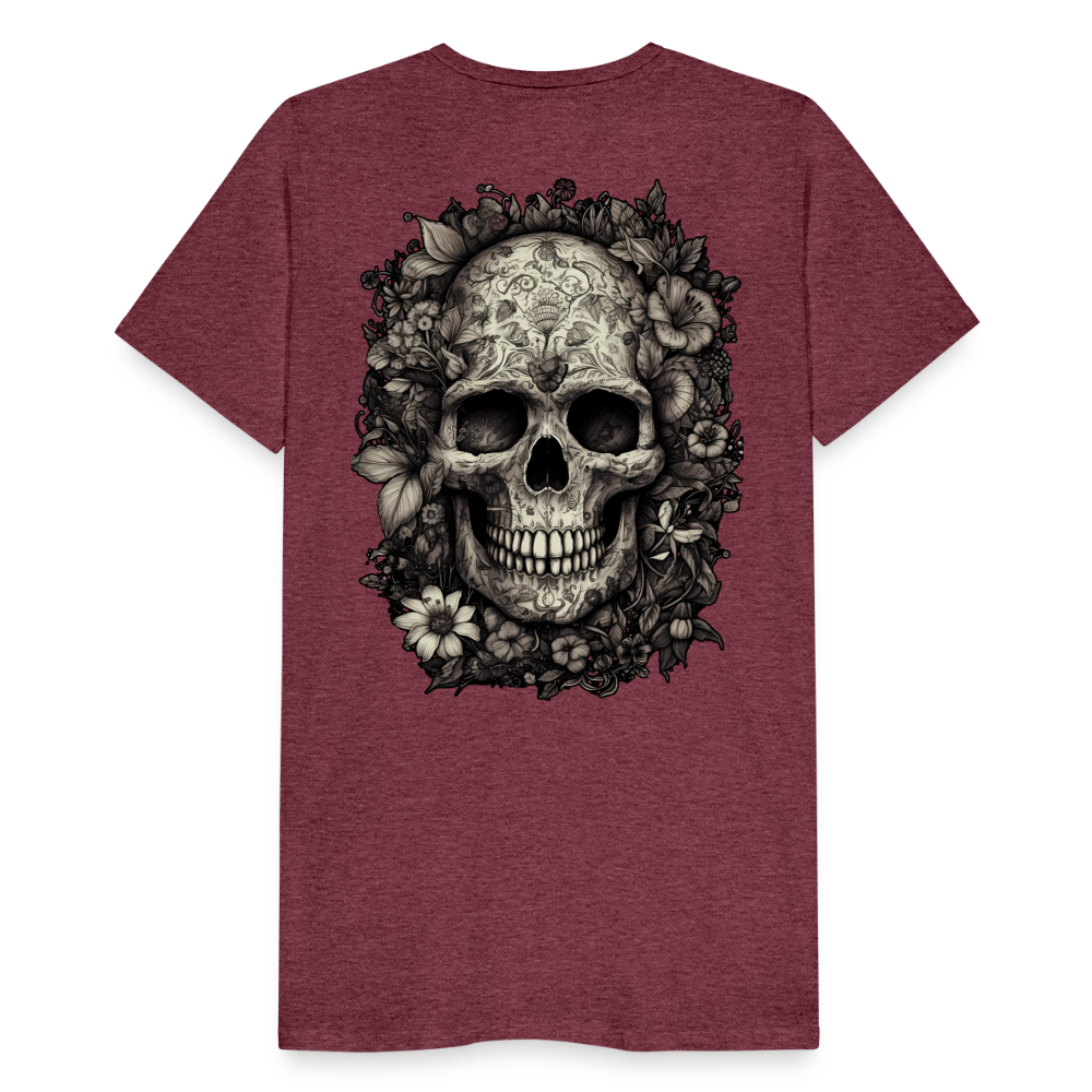 Boho Totenkopf mit Tattoos und Blumen - Männer Premium T-Shirt - Bordeauxrot meliert