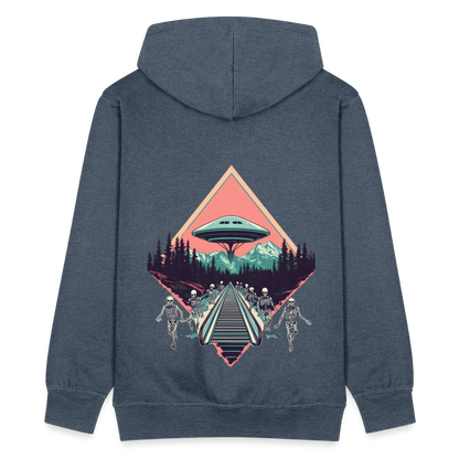 Retro UFO 80er Jahre Motiv - Surreale Skelette und Rolltreppe Richtung UFO - Männer Premium Kapuzenjacke - by Artful Alchemist