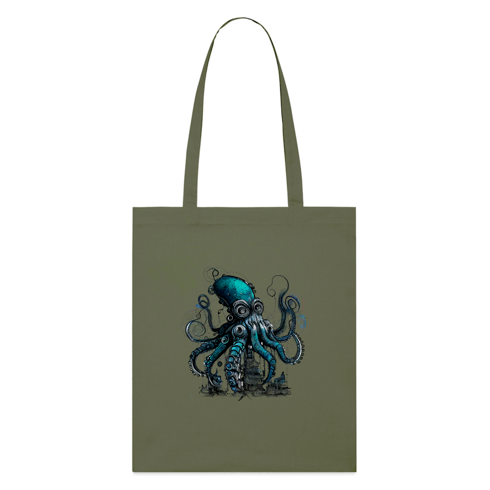 Steampunk Riesenkraken über kleinem Dorf - Stofftasche - Khaki