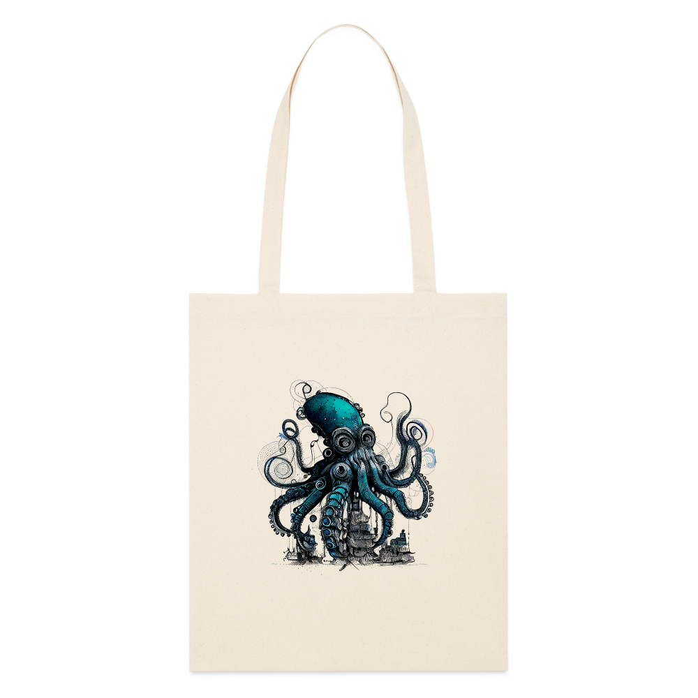 Steampunk Riesenkraken über kleinem Dorf - Stofftasche - Naturweiß