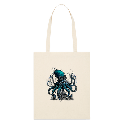 Steampunk Riesenkraken über kleinem Dorf - Stofftasche - Naturweiß