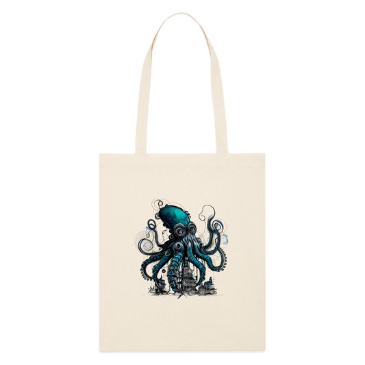 Steampunk Riesenkraken über kleinem Dorf - Stofftasche - Naturweiß