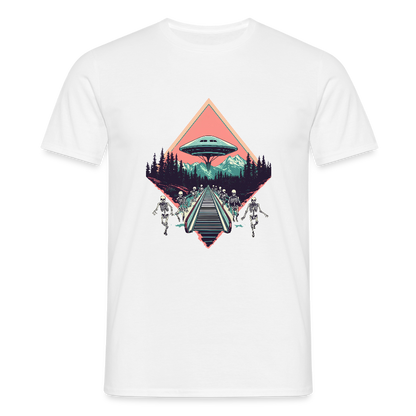 Retro UFO 80er Jahre Motiv - Surreale Skelette und Rolltreppe Richtung UFO - Männer T-Shirt - by Artful Alchemist