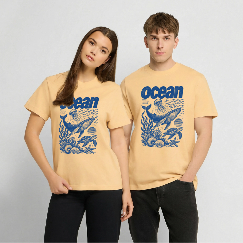 Ocean – Relaxed Fit Unisex Bio-T-Shirt mit Wal und Meerestieren - Hellgelb