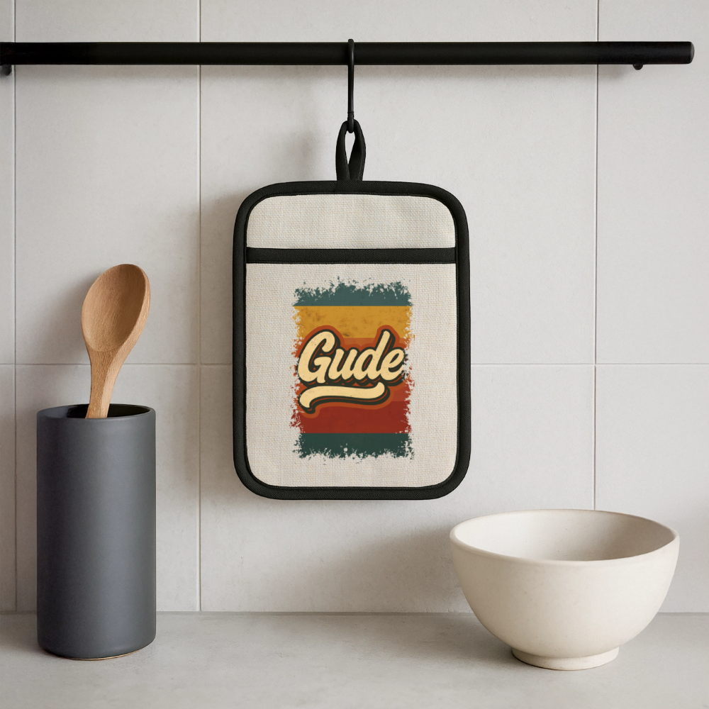 „Gude“ – Retro Look aus Hessen - Topflappen mit Gummirückseite - Leinen/Schwarz 
