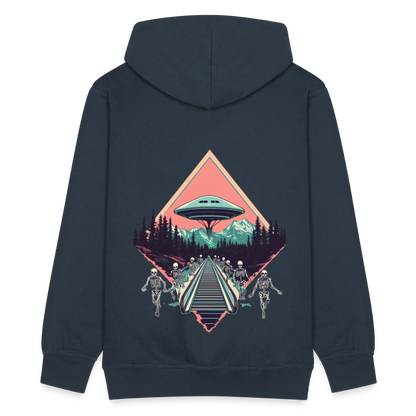 Retro UFO 80er Jahre Motiv - Surreale Skelette und Rolltreppe Richtung UFO - Männer Premium Kapuzenjacke - by Artful Alchemist