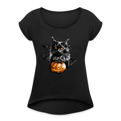 Schwarze Katze mit Halloween Kürbis - Frauen T-Shirt mit gerollten Ärmeln - by Artful Alchemist