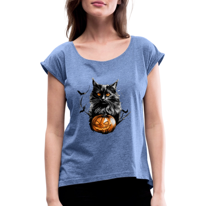 Schwarze Katze mit Halloween Kürbis - Frauen T-Shirt mit gerollten Ärmeln - by Artful Alchemist