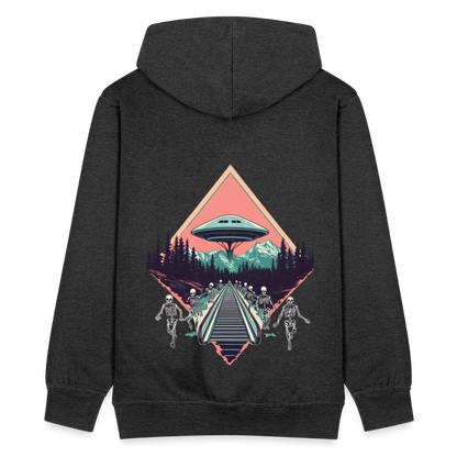 Retro UFO 80er Jahre Motiv - Surreale Skelette und Rolltreppe Richtung UFO - Männer Premium Kapuzenjacke - by Artful Alchemist