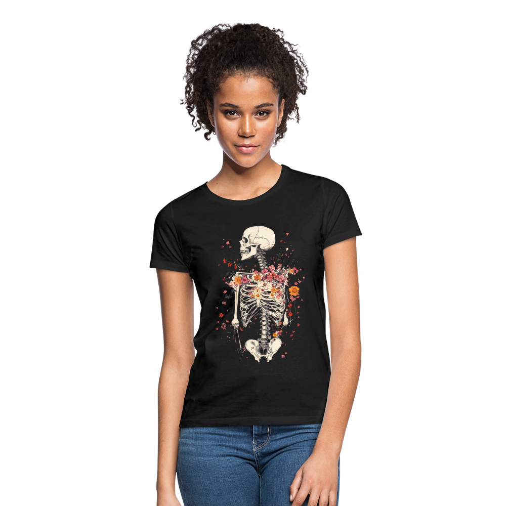 Skelett mit zarten Blumen im Boho Look - Frauen T-Shirt - Schwarz