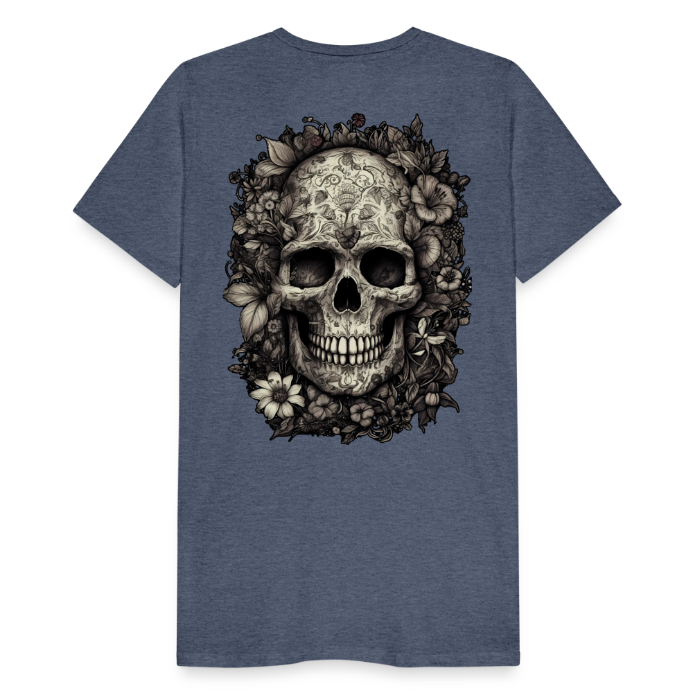 Boho Totenkopf mit Tattoos und Blumen - Männer Premium T-Shirt - Blau meliert