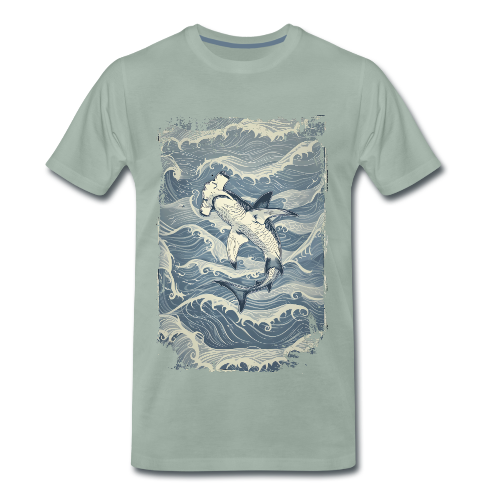 Vintage Hammerhai im japanischen inspirierten Tattoo Stil - Männer Premium T-Shirts - Graugrün